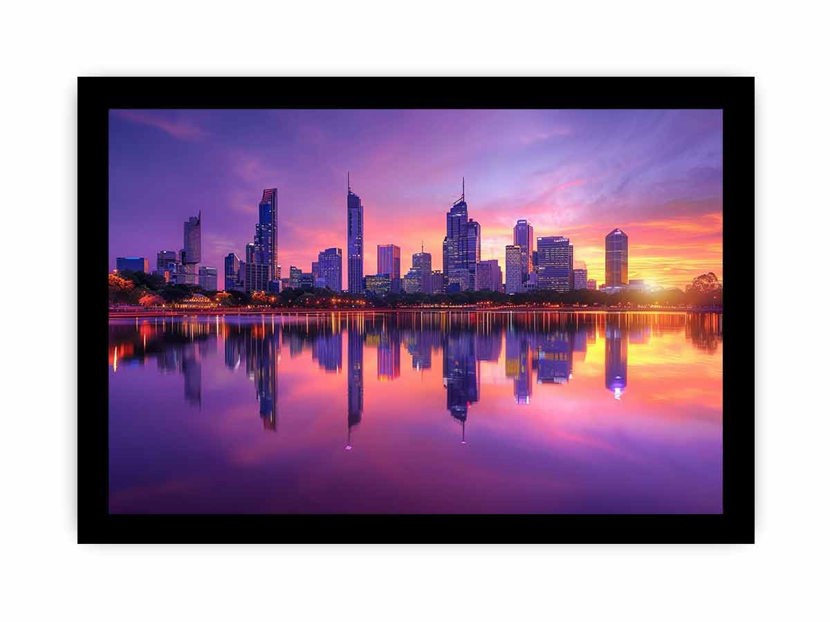 Violet city skyline canvas art with sunset reflections for modern living room decor.