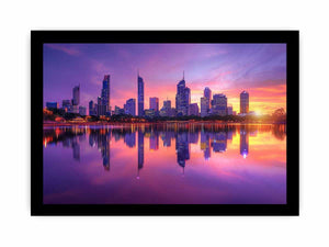 Violet city skyline canvas art with sunset reflections for modern living room decor.