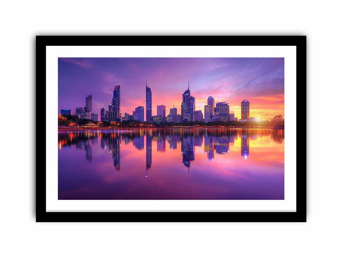 Violet city skyline canvas art with sunset reflections for modern living room decor.