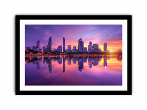 Violet city skyline canvas art with sunset reflections for modern living room decor.
