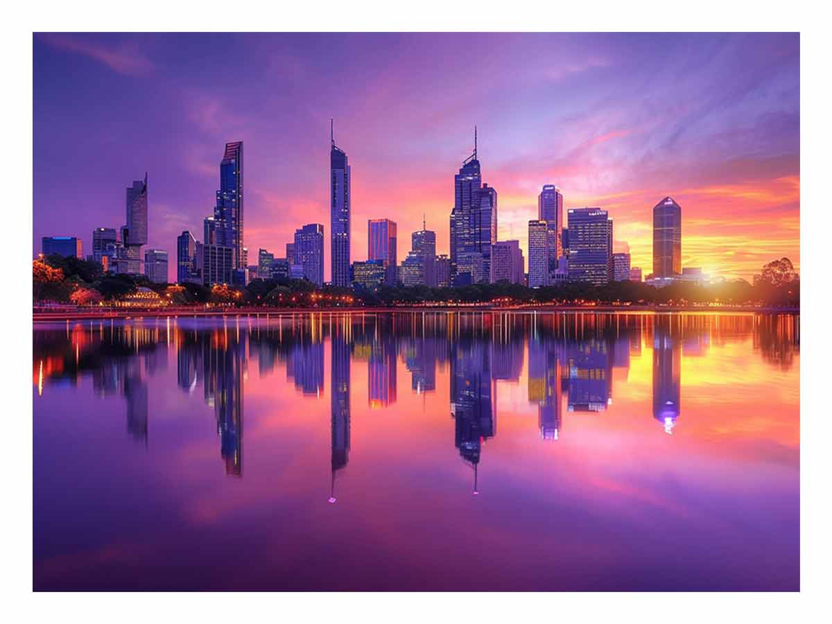 Violet city skyline canvas art with sunset reflections for modern living room decor.