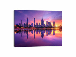 Violet city skyline canvas art with sunset reflections for modern living room decor.