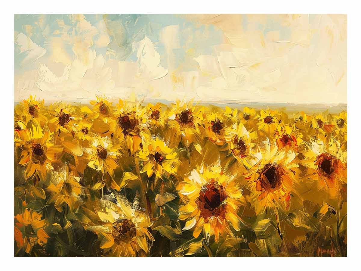 Yellow sunflower field canvas art with painterly texture for warm farmhouse home decor.