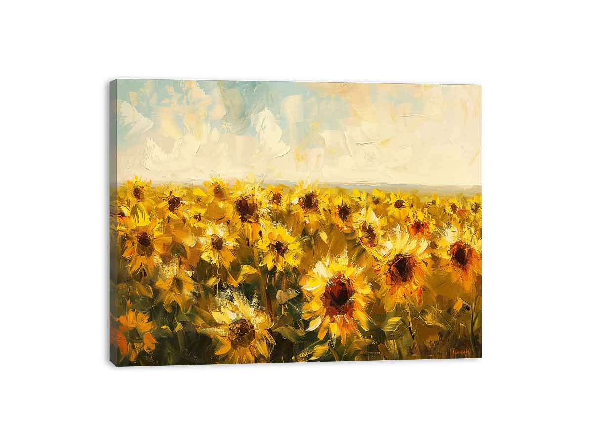 Yellow sunflower field canvas art with painterly texture for warm farmhouse home decor.