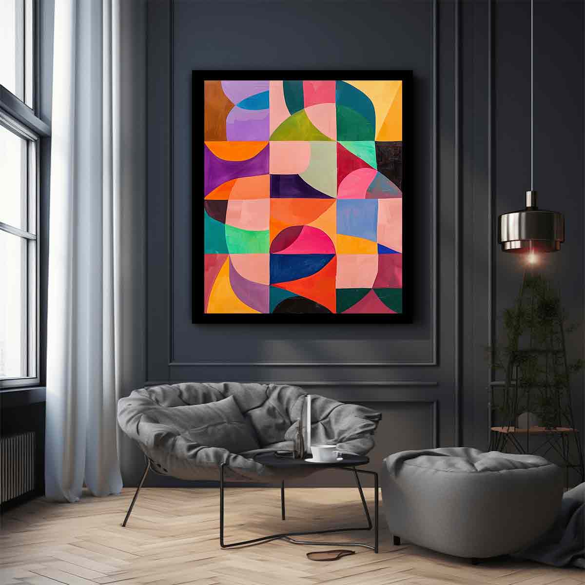 Colorful geometric abstract canvas art for modern living room, office, or hallway decor.