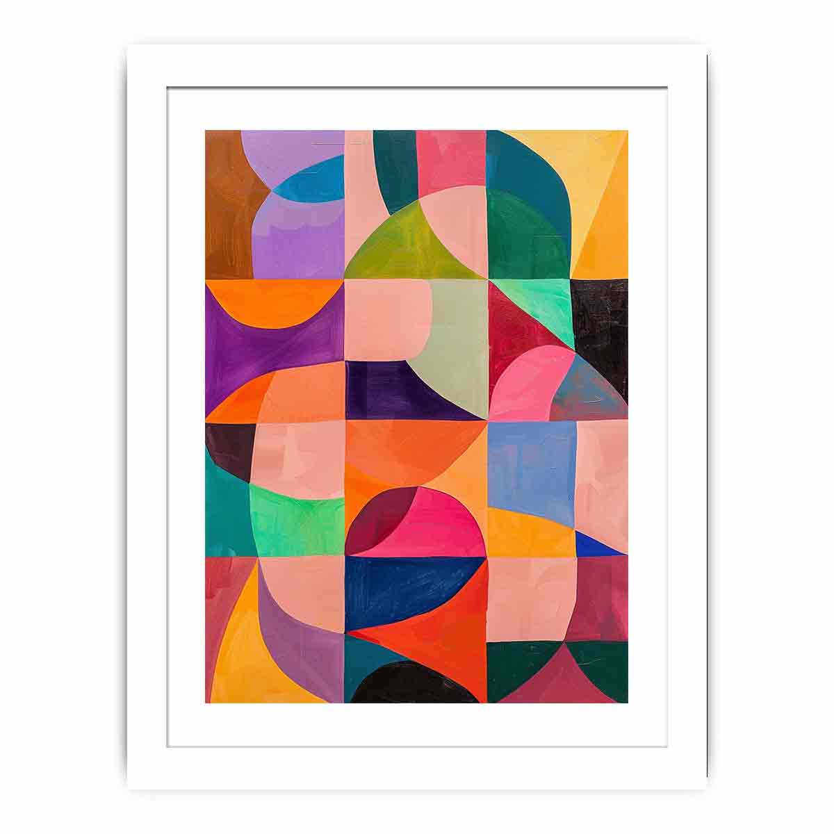 Colorful geometric abstract canvas art for modern living room, office, or hallway decor.