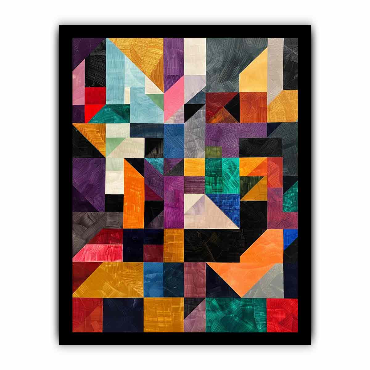 Bold geometric mosaic canvas art with textured blocks for modern office or living room decor.