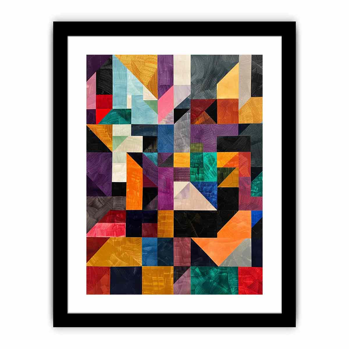 Bold geometric mosaic canvas art with textured blocks for modern office or living room decor.
