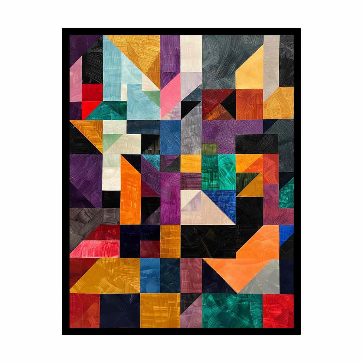 Bold geometric mosaic canvas art with textured blocks for modern office or living room decor.