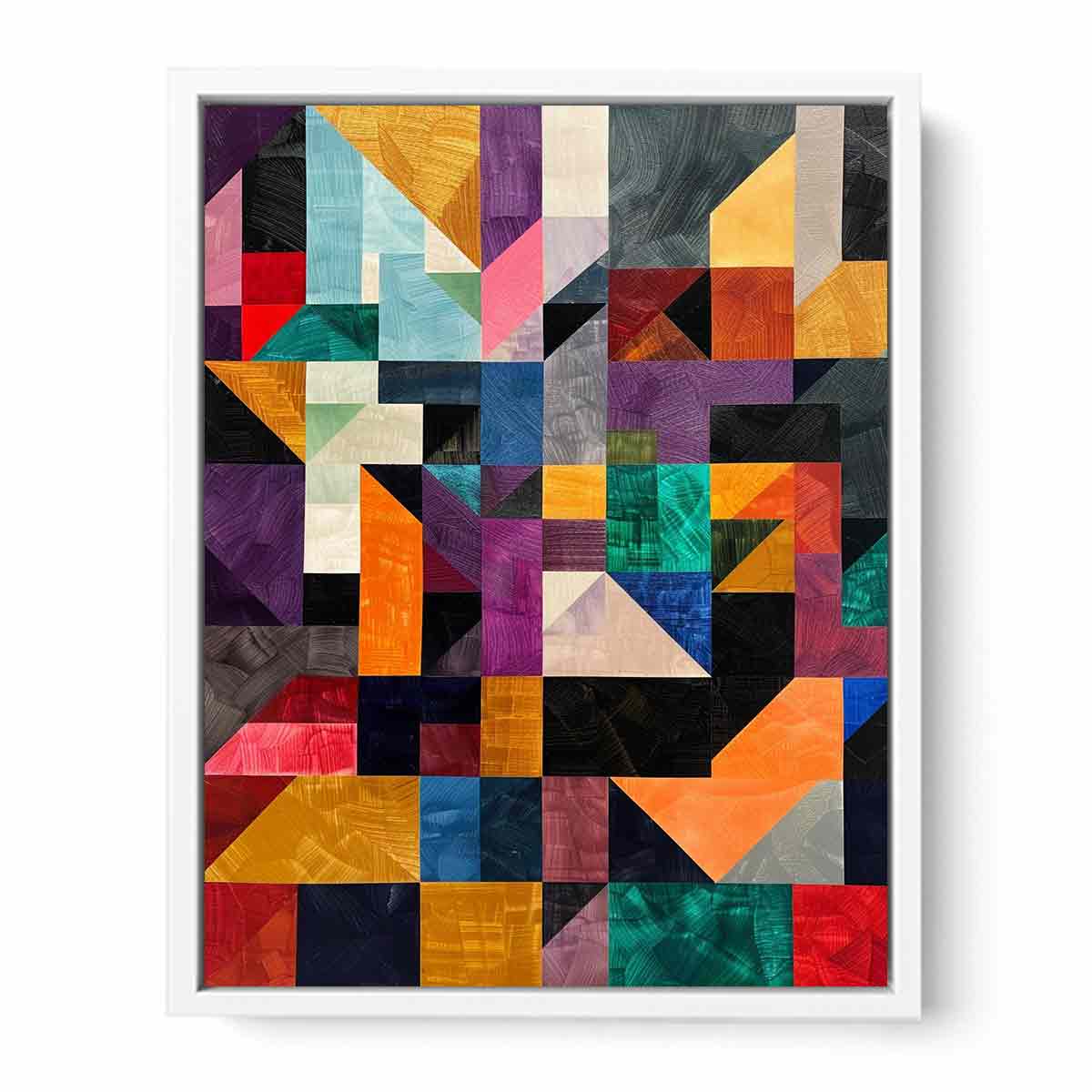 Bold geometric mosaic canvas art with textured blocks for modern office or living room decor.