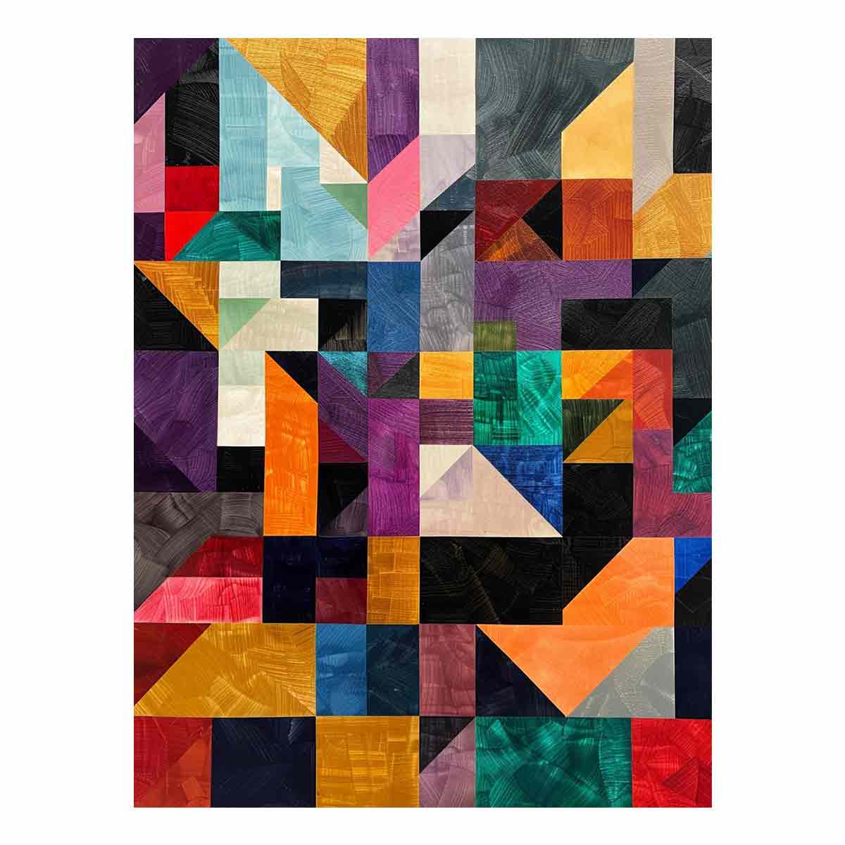 Bold geometric mosaic canvas art with textured blocks for modern office or living room decor.