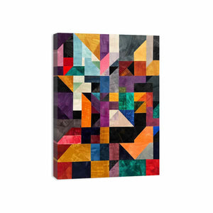 Bold geometric mosaic canvas art with textured blocks for modern office or living room decor.