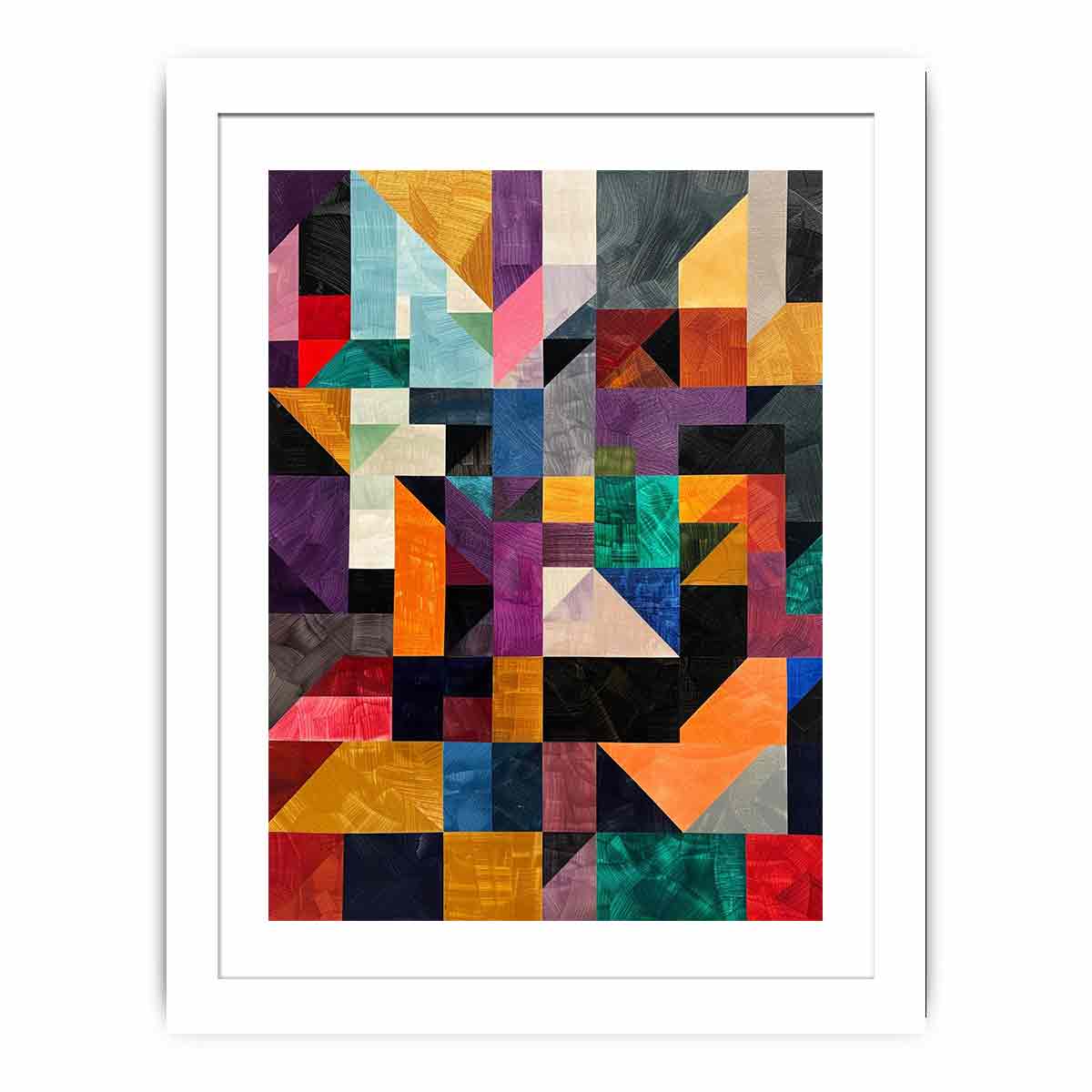 Bold geometric mosaic canvas art with textured blocks for modern office or living room decor.