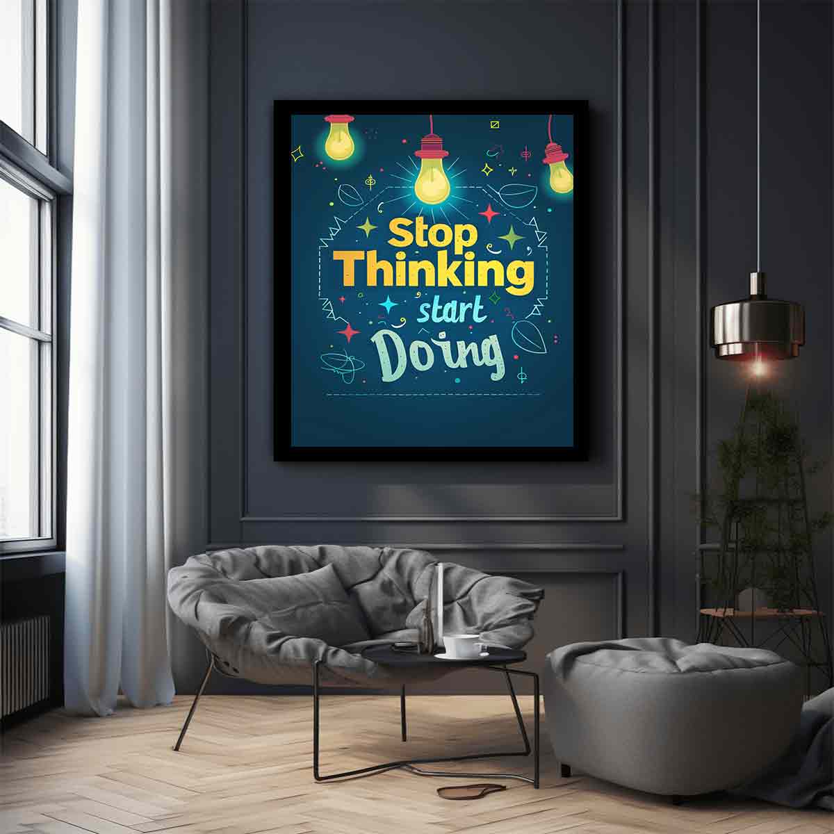 Motivational typography canvas art with light bulbs for home office or study room decor.