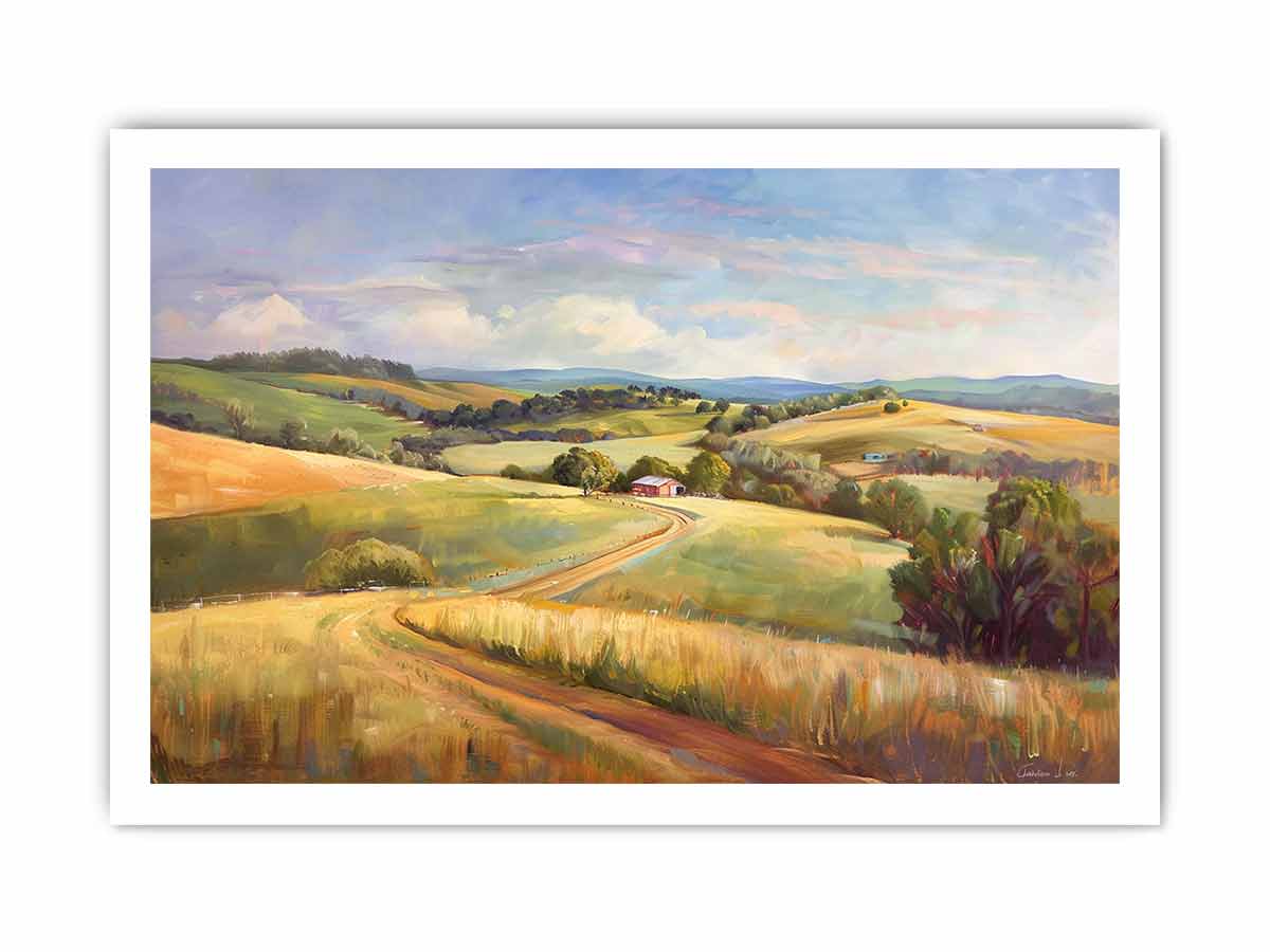 Pastel countryside farmhouse landscape canvas art for living room decor.