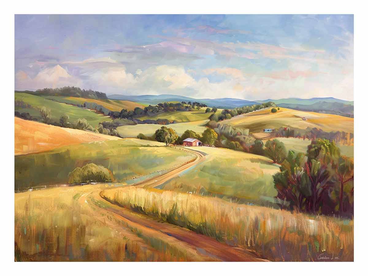 Pastel countryside farmhouse landscape canvas art for living room decor.