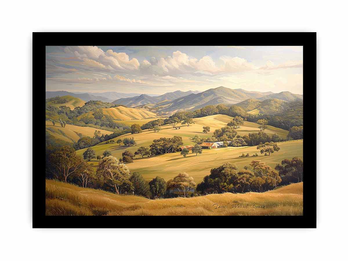 Golden rural mountain landscape canvas art for elegant living room decor.