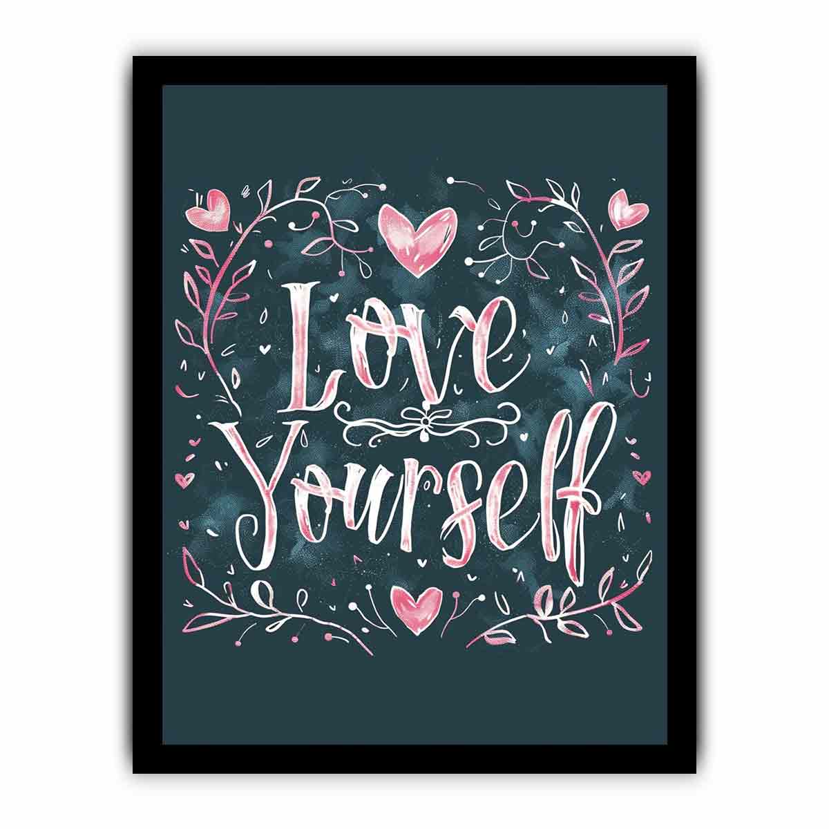 Love Yourself typography canvas art with pink hearts for bedroom decor.