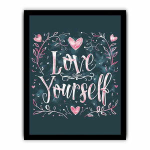 Love Yourself typography canvas art with pink hearts for bedroom decor.