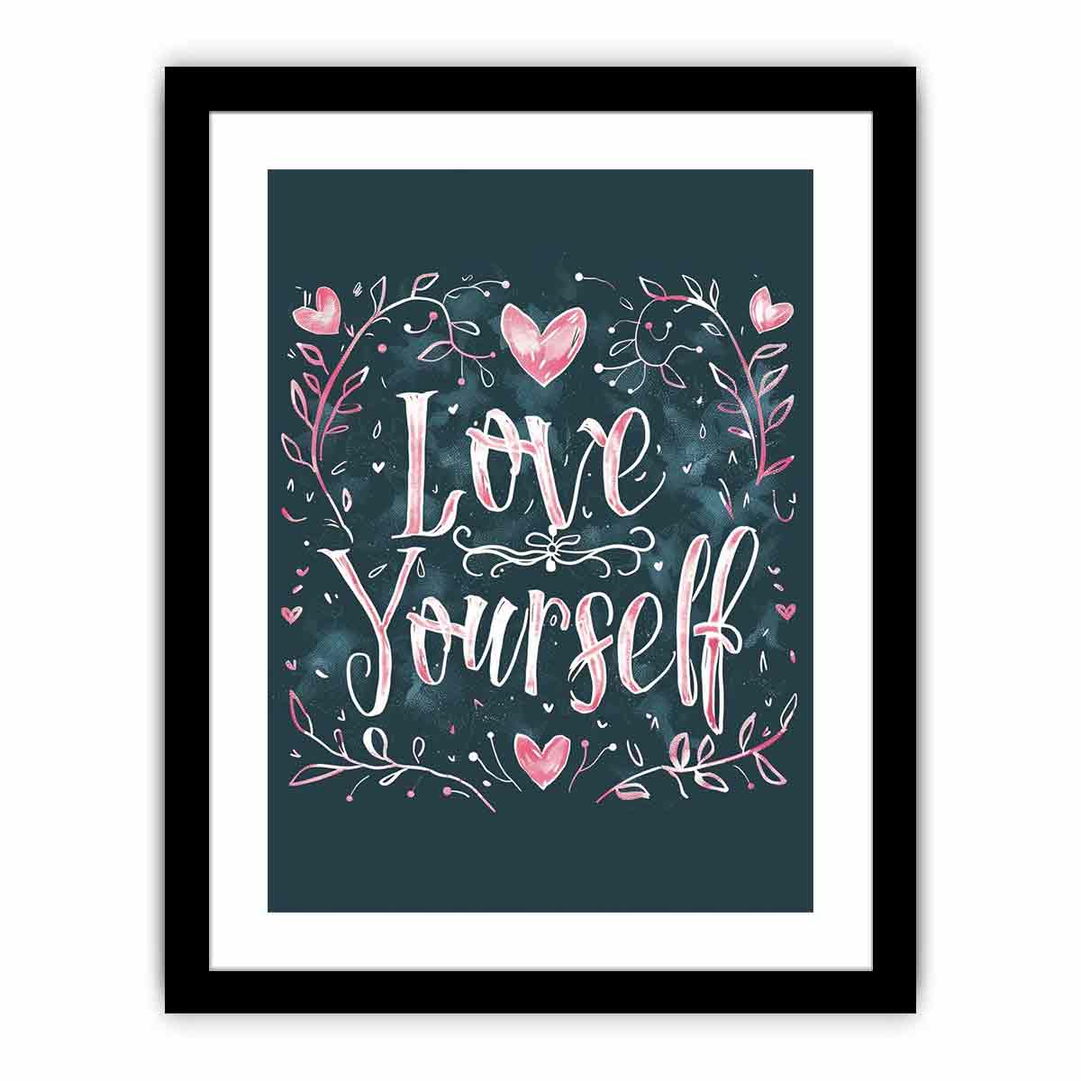 Love Yourself typography canvas art with pink hearts for bedroom decor.