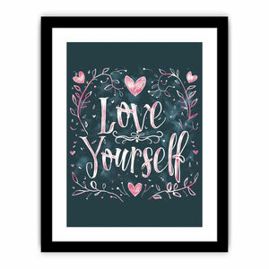 Love Yourself typography canvas art with pink hearts for bedroom decor.