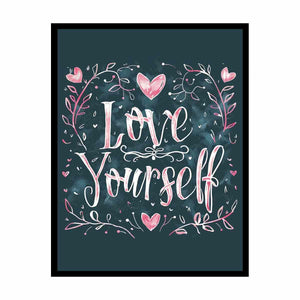 Love Yourself typography canvas art with pink hearts for bedroom decor.