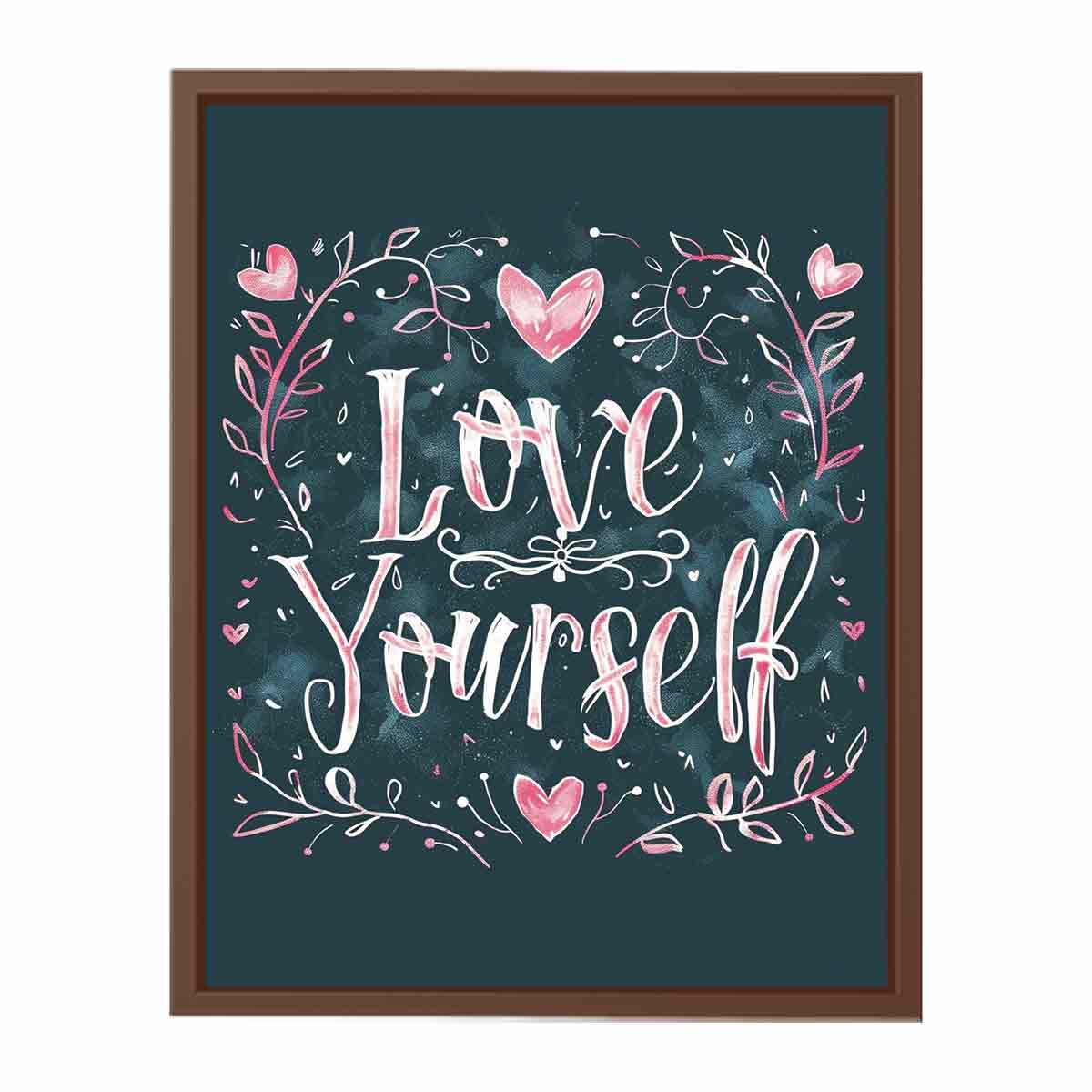 Love Yourself typography canvas art with pink hearts for bedroom decor.
