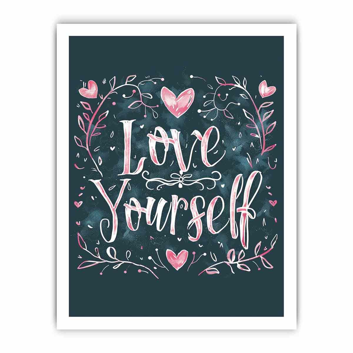 Love Yourself typography canvas art with pink hearts for bedroom decor.
