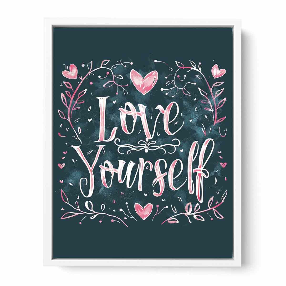 Love Yourself typography canvas art with pink hearts for bedroom decor.