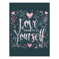 Love Yourself typography canvas art with pink hearts for bedroom decor.