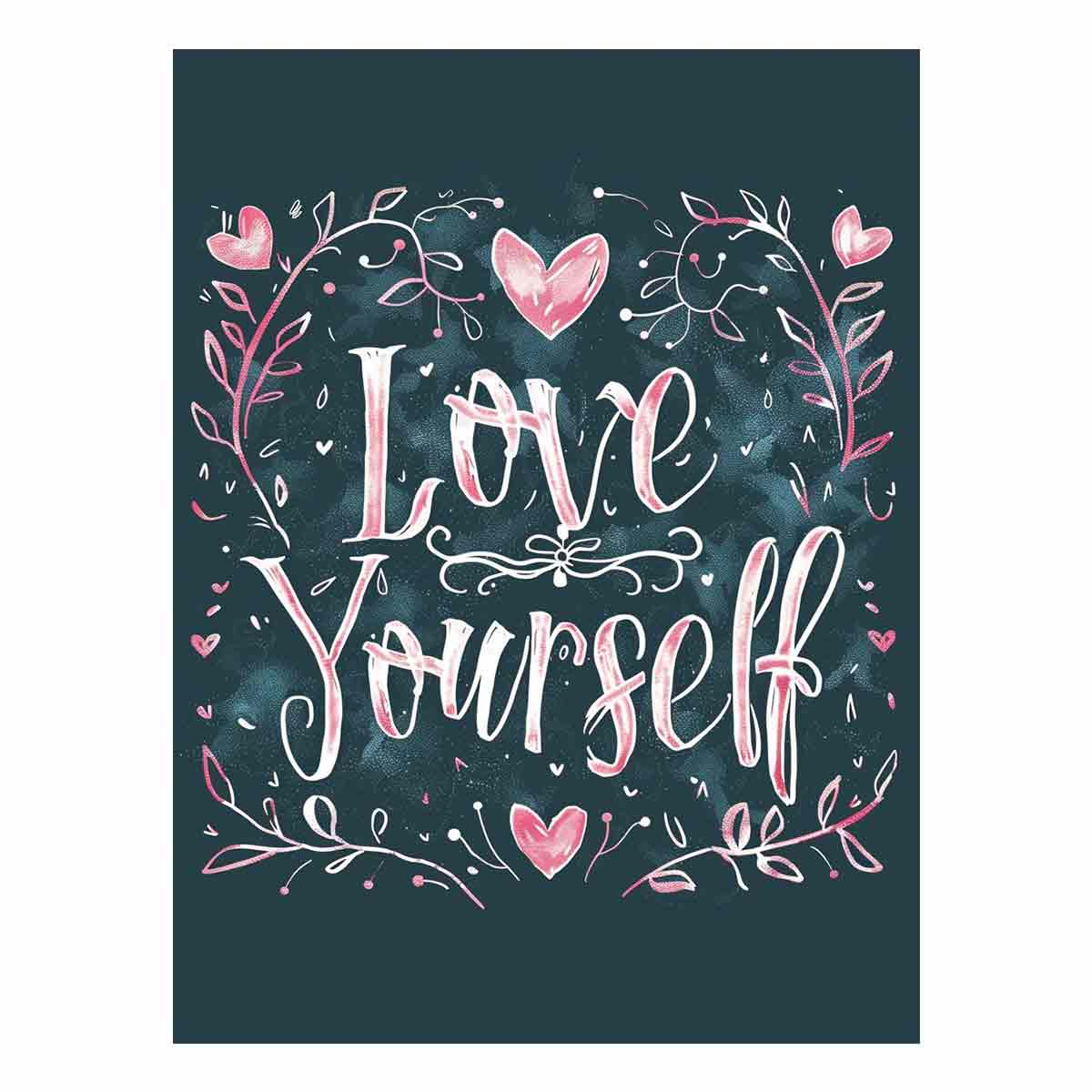 Love Yourself typography canvas art with pink hearts for bedroom decor.