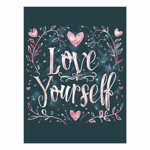 Love Yourself typography canvas art with pink hearts for bedroom decor.