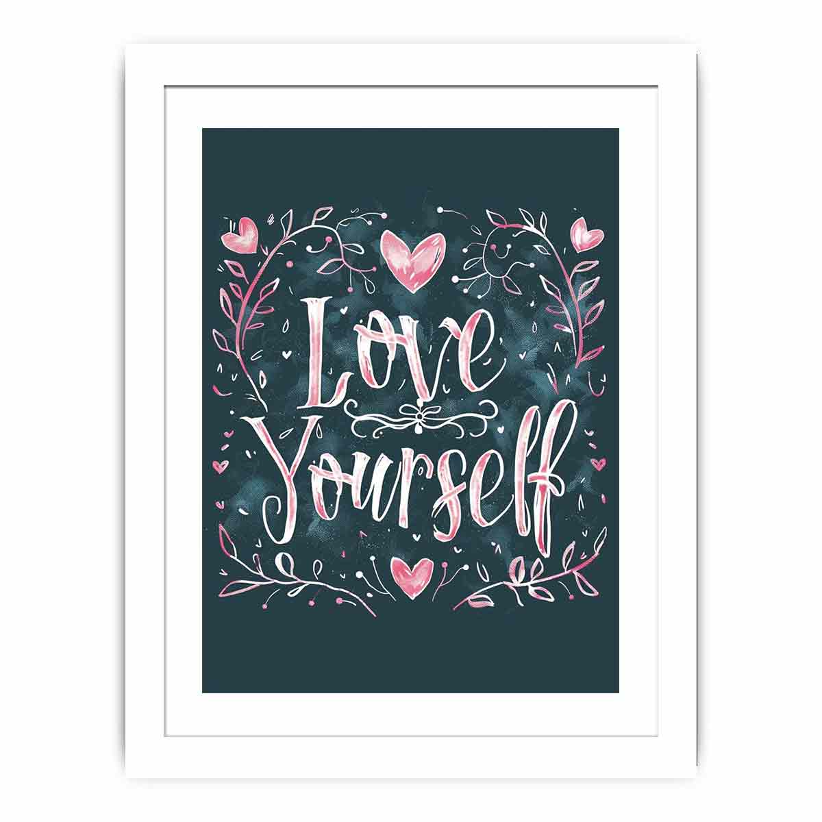 Love Yourself typography canvas art with pink hearts for bedroom decor.