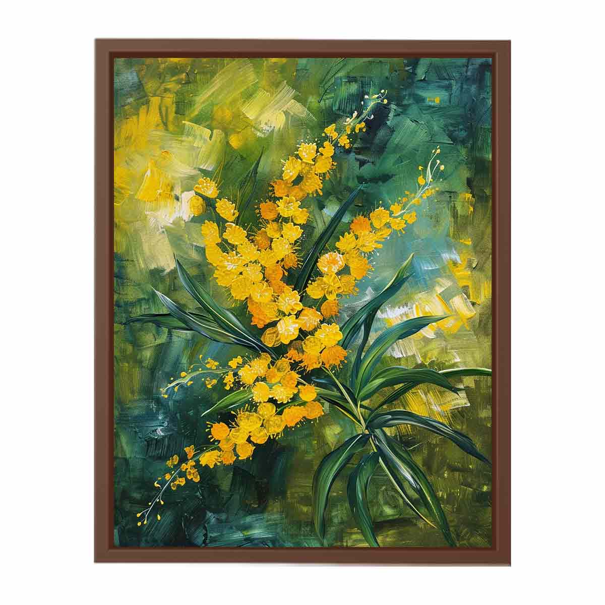 Golden wattle floral canvas art for modern living room decor.