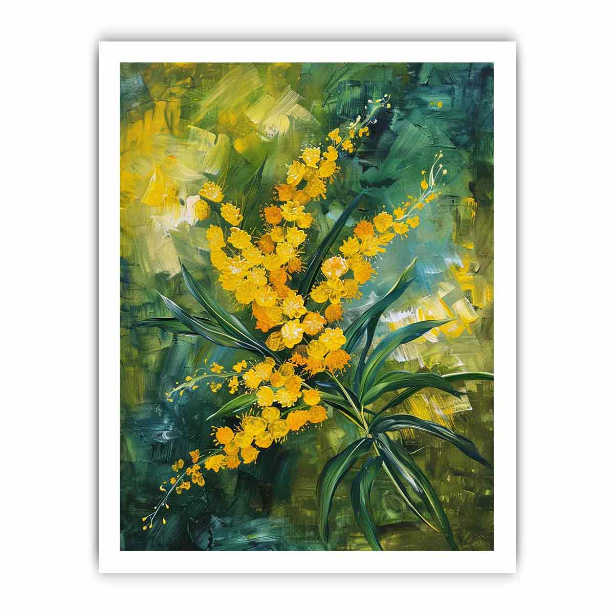 Golden wattle floral canvas art for modern living room decor.