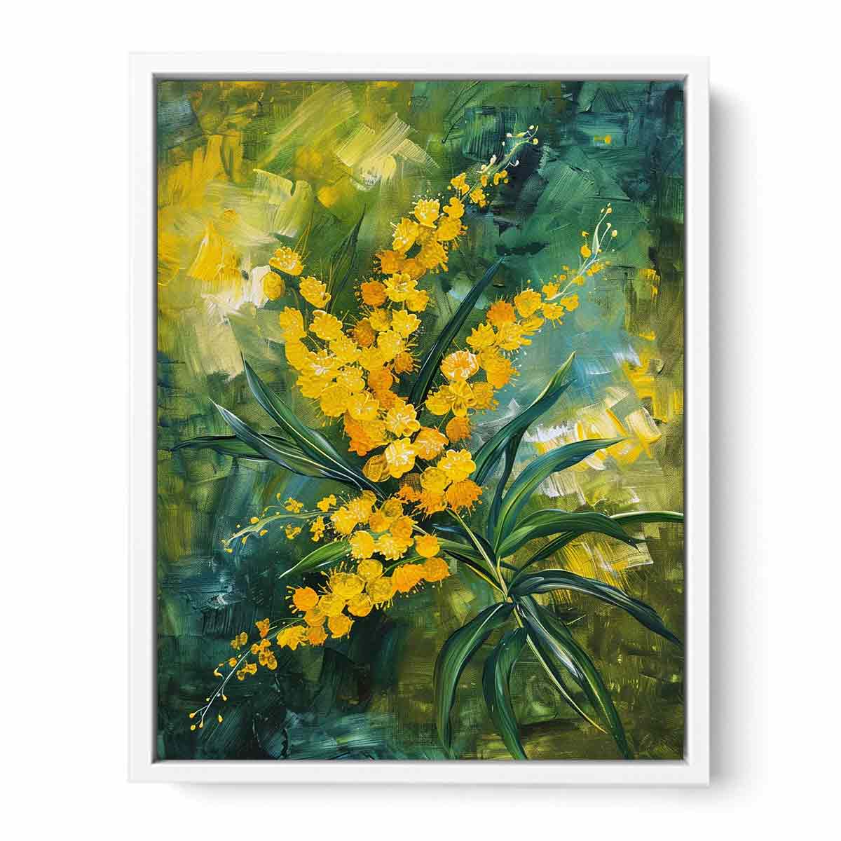 Golden wattle floral canvas art for modern living room decor.