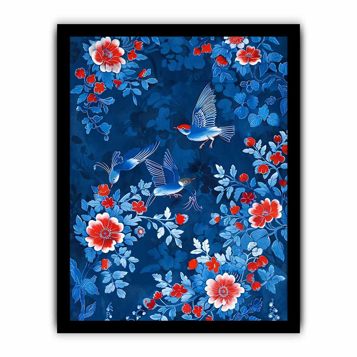 Blue floral bird canvas art for elegant bedroom wall decor.