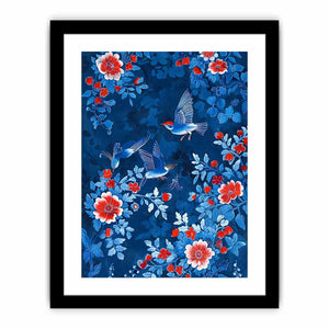Blue floral bird canvas art for elegant bedroom wall decor.