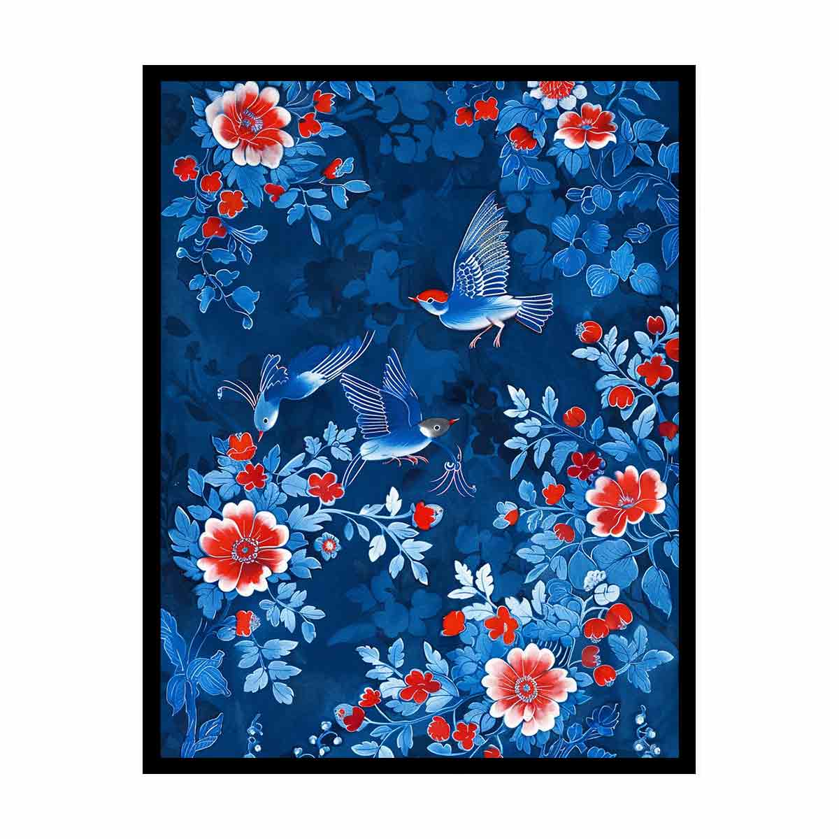 Blue floral bird canvas art for elegant bedroom wall decor.