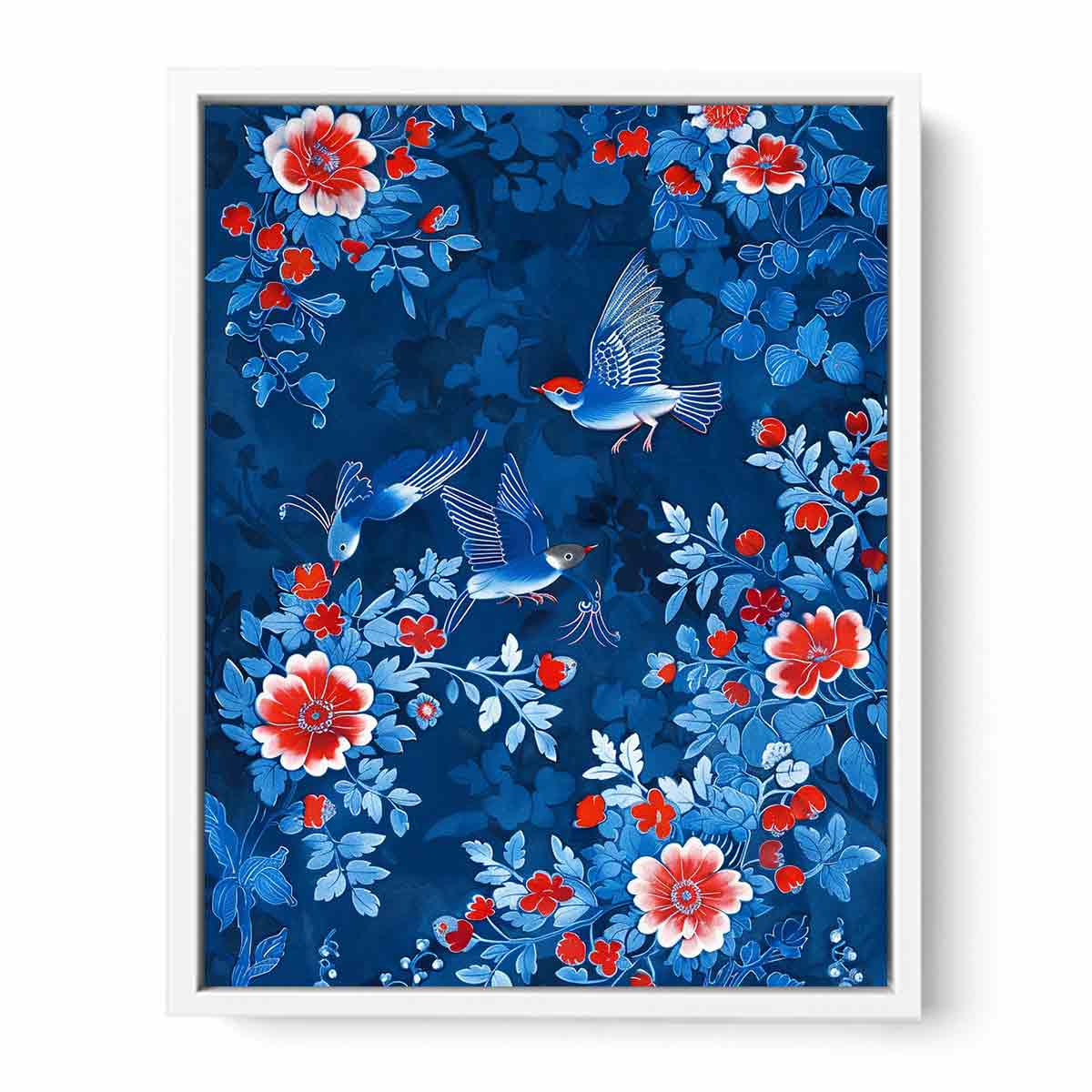 Blue floral bird canvas art for elegant bedroom wall decor.