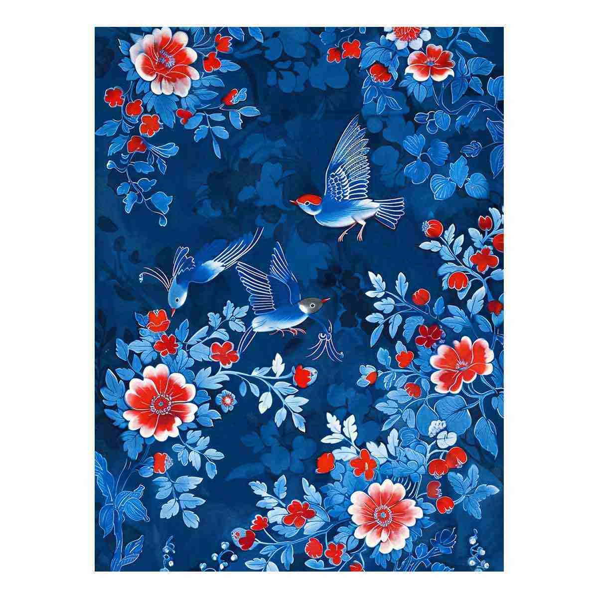 Blue floral bird canvas art for elegant bedroom wall decor.