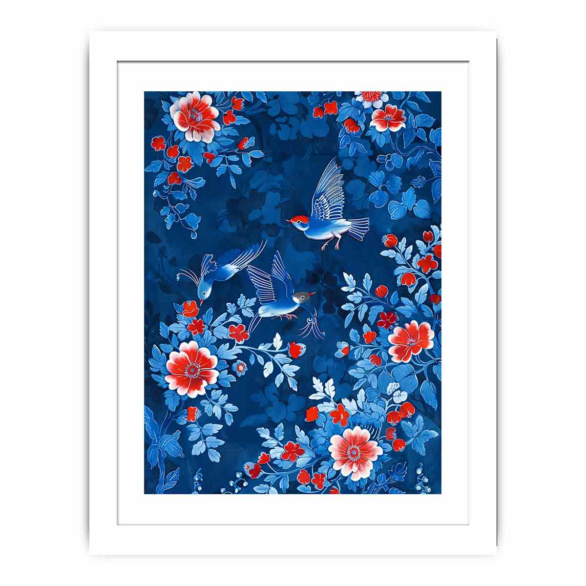 Blue floral bird canvas art for elegant bedroom wall decor.