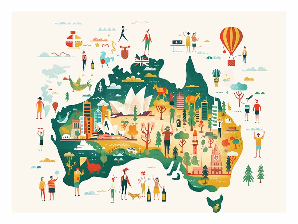 Illustrated Australia map canvas art for kids room and office decor.