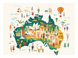 Illustrated Australia map canvas art for kids room and office decor.