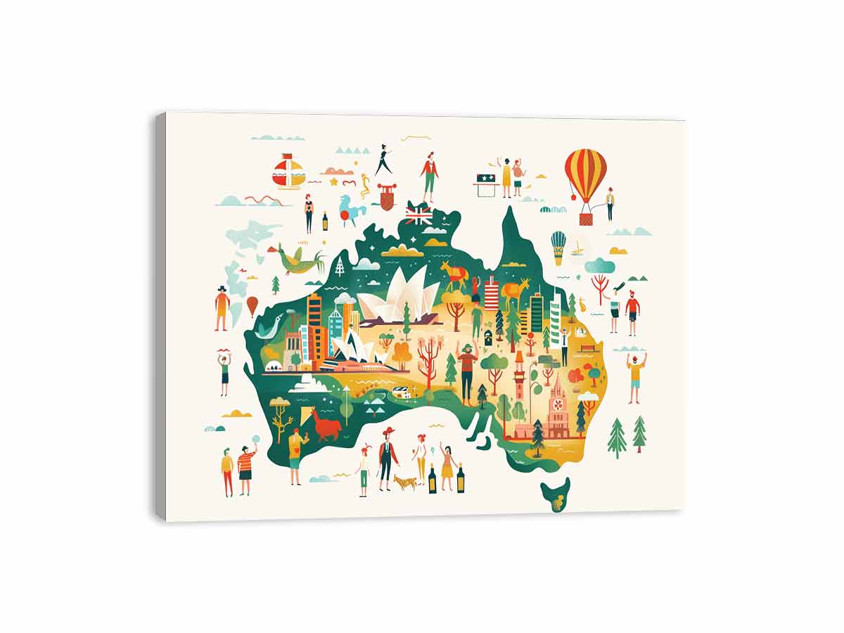 Illustrated Australia map canvas art for kids room and office decor.