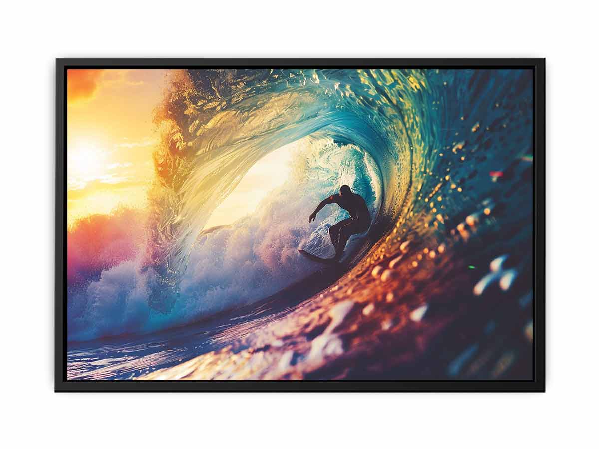 Surfer inside ocean wave canvas art for coastal living room decor.