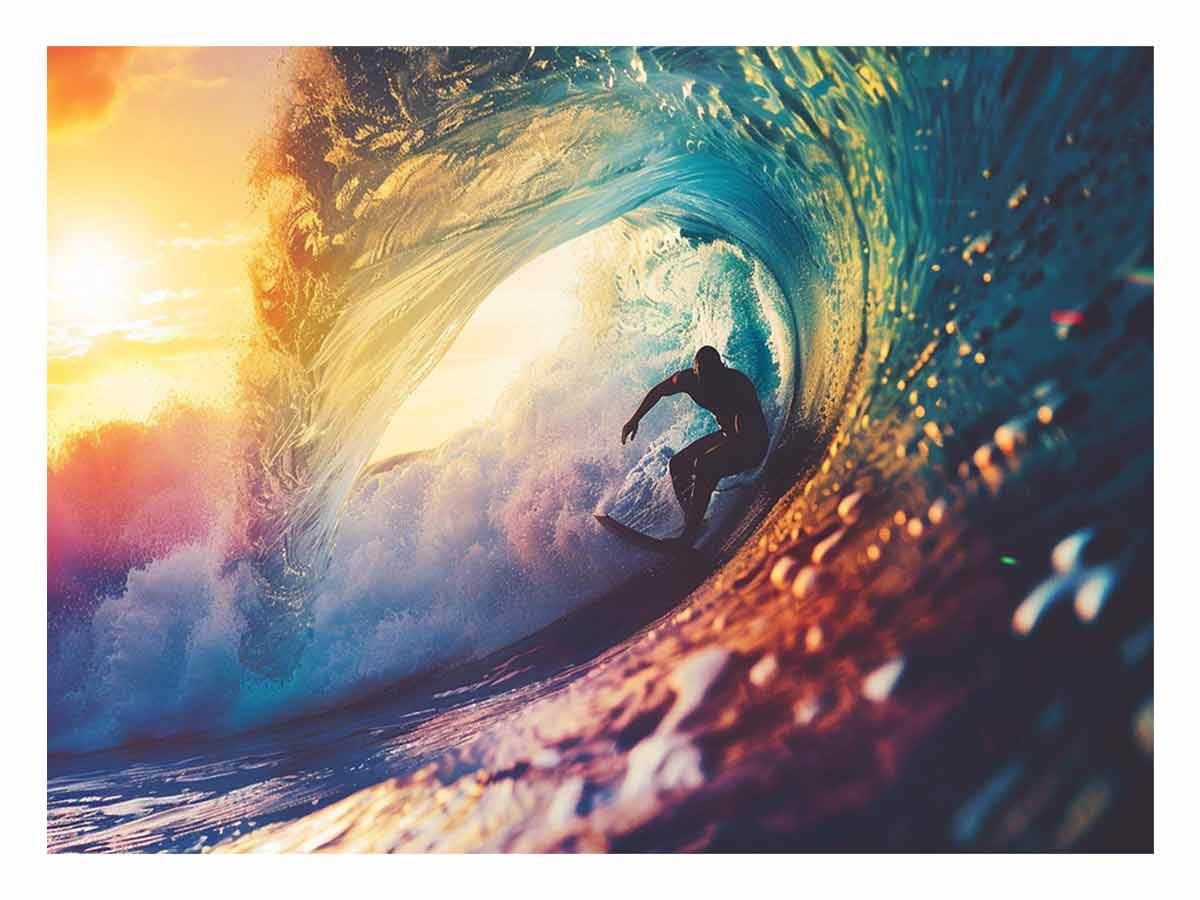 Surfer inside ocean wave canvas art for coastal living room decor.