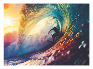 Surfer inside ocean wave canvas art for coastal living room decor.