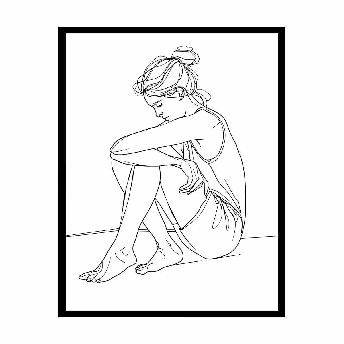 Minimal black and white woman line art for calm modern bedroom wall decor.