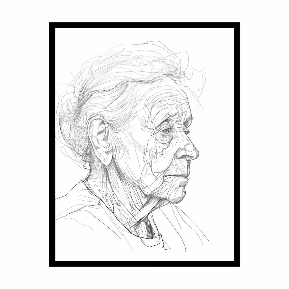 Expressive profile portrait sketch in black and gray for modern office decor.